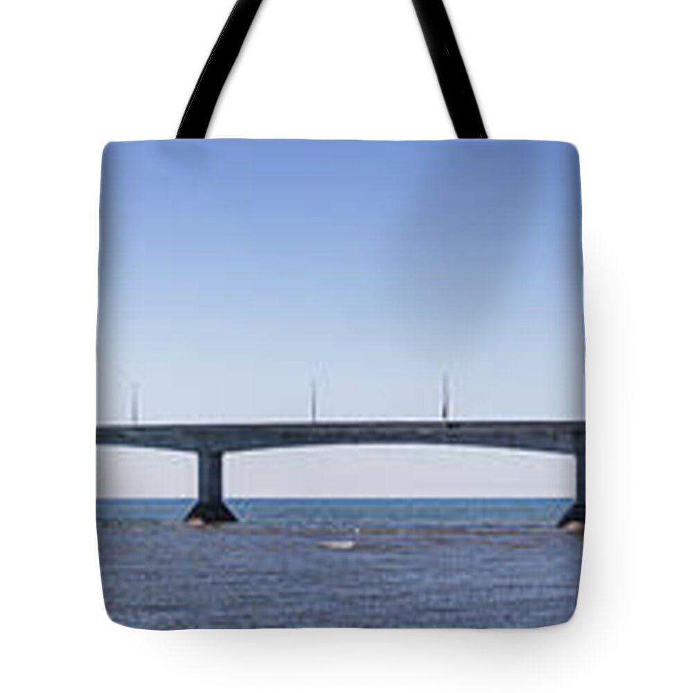 Bridge Tote Bag featuring the photograph Confederation Bridge panorama 3 by Elena Elisseeva