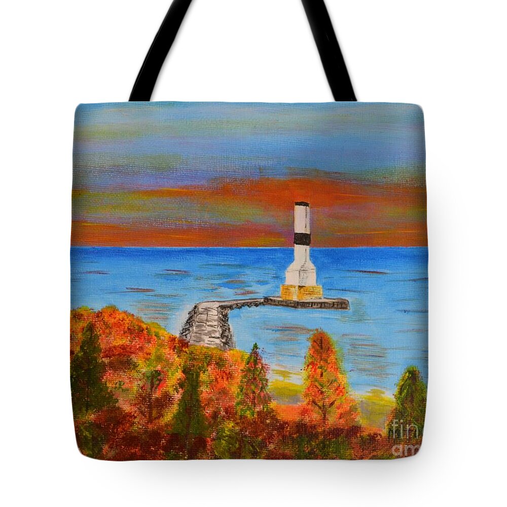 Fall Tote Bag featuring the painting Fall, Conneaut Ohio light house by Melvin Turner