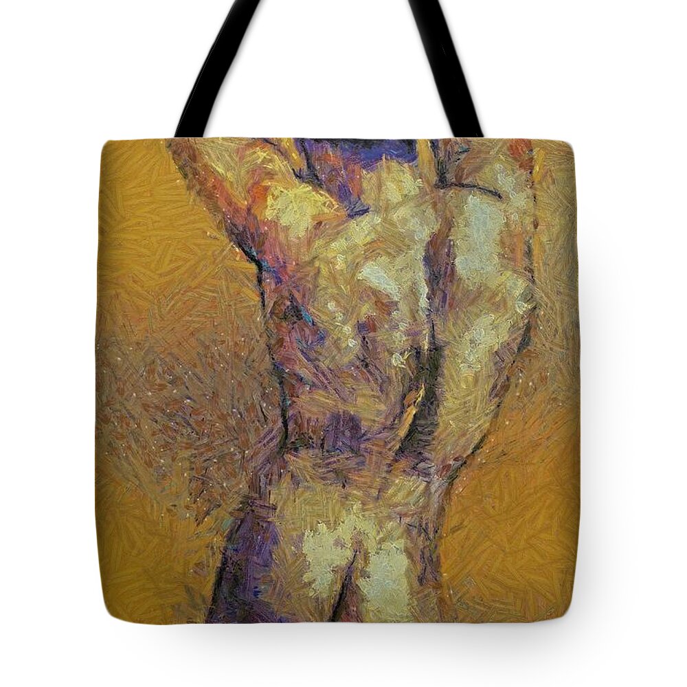 Male Body Builder Tote Bag featuring the painting Content with life by Dragica Micki Fortuna