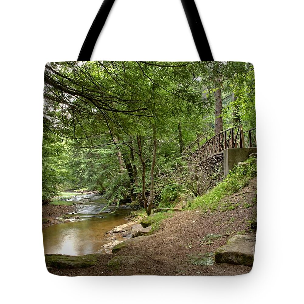 Toms Run Tote Bag featuring the photograph Cook Forest Toms Run Steps by Adam Jewell