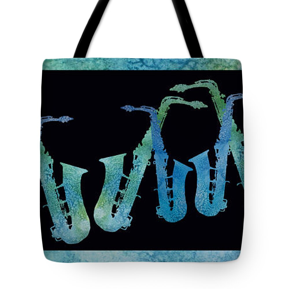Saxes Tote Bag featuring the digital art Cool Blue Saxophone String by Jenny Armitage
