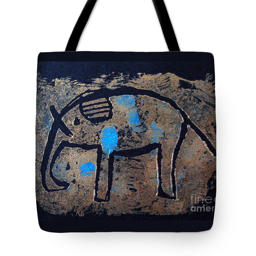 Elephant Tote Bag featuring the mixed media Copper Elephant with Cobalt by Patricia Januszkiewicz