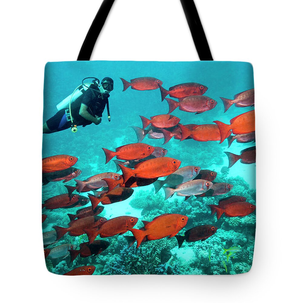 Tranquility Tote Bag featuring the photograph Coral Reef Scenery With Diver by Georgette Douwma