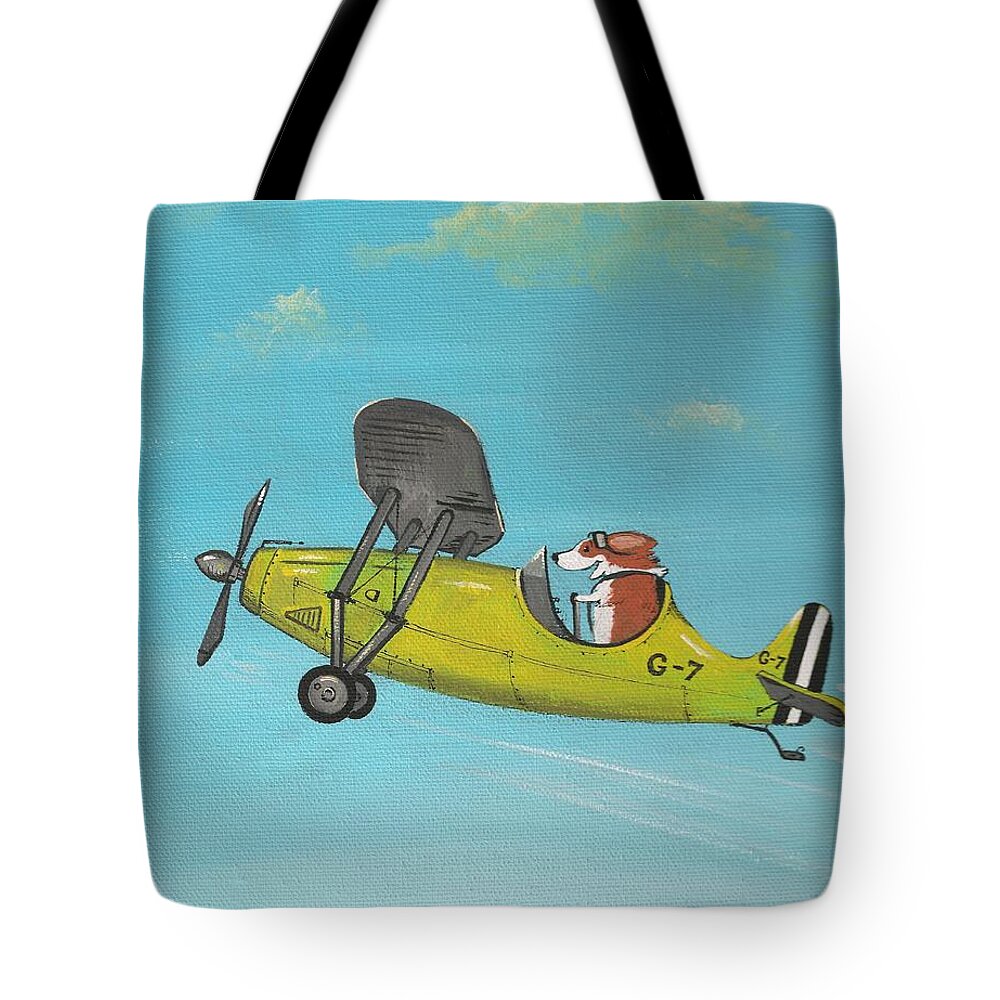 Print Tote Bag featuring the painting Corgi Aviator by Margaryta Yermolayeva