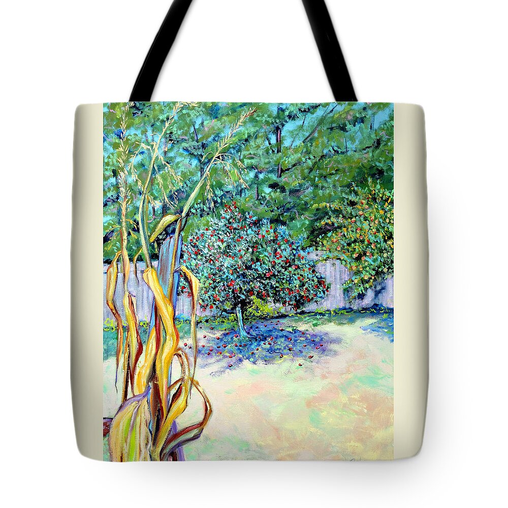 Garden Painting Tote Bag featuring the painting Corn Stalk and Apple Tree Autumn Lovers by Asha Carolyn Young