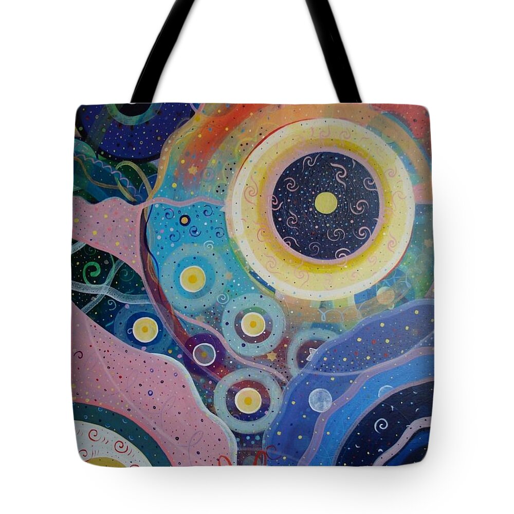 Circles Tote Bag featuring the painting Cosmic Carnival Vl aka Circles by Helena Tiainen