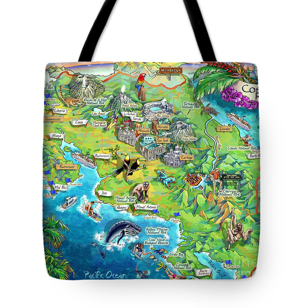 Costa Rica Tote Bag featuring the painting Costa Rica map illustration by Maria Rabinky