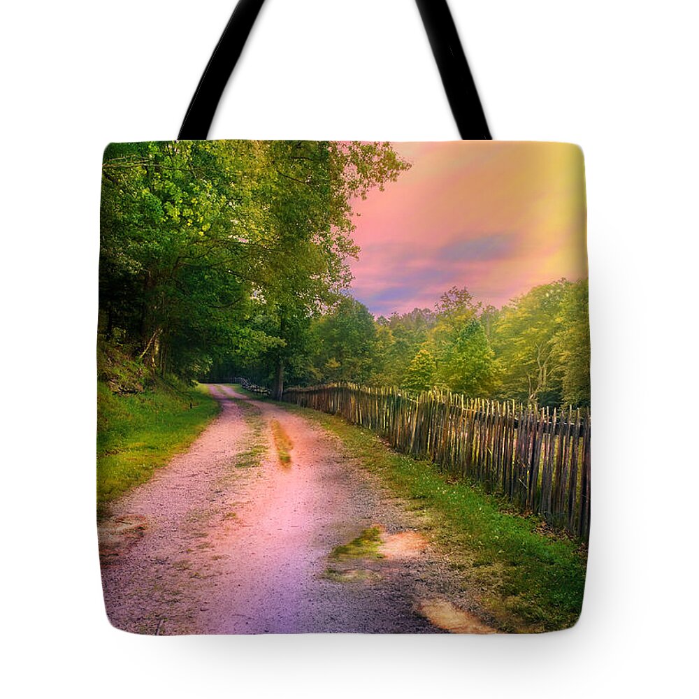 Twin Falls State Park Tote Bag featuring the digital art Country Road take me home by Mary Almond