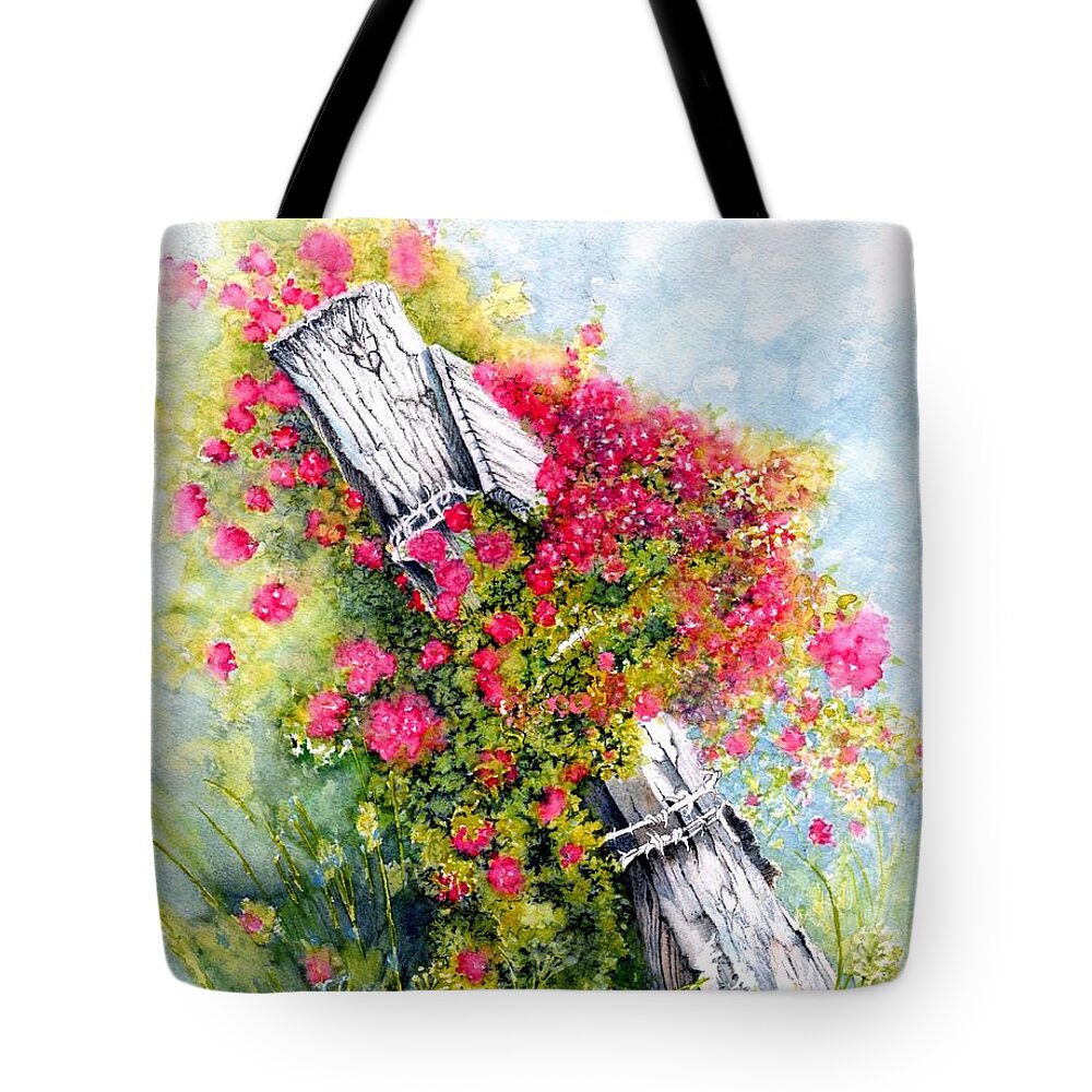 Roses Tote Bag featuring the painting Country Roses white fence by Janine Riley