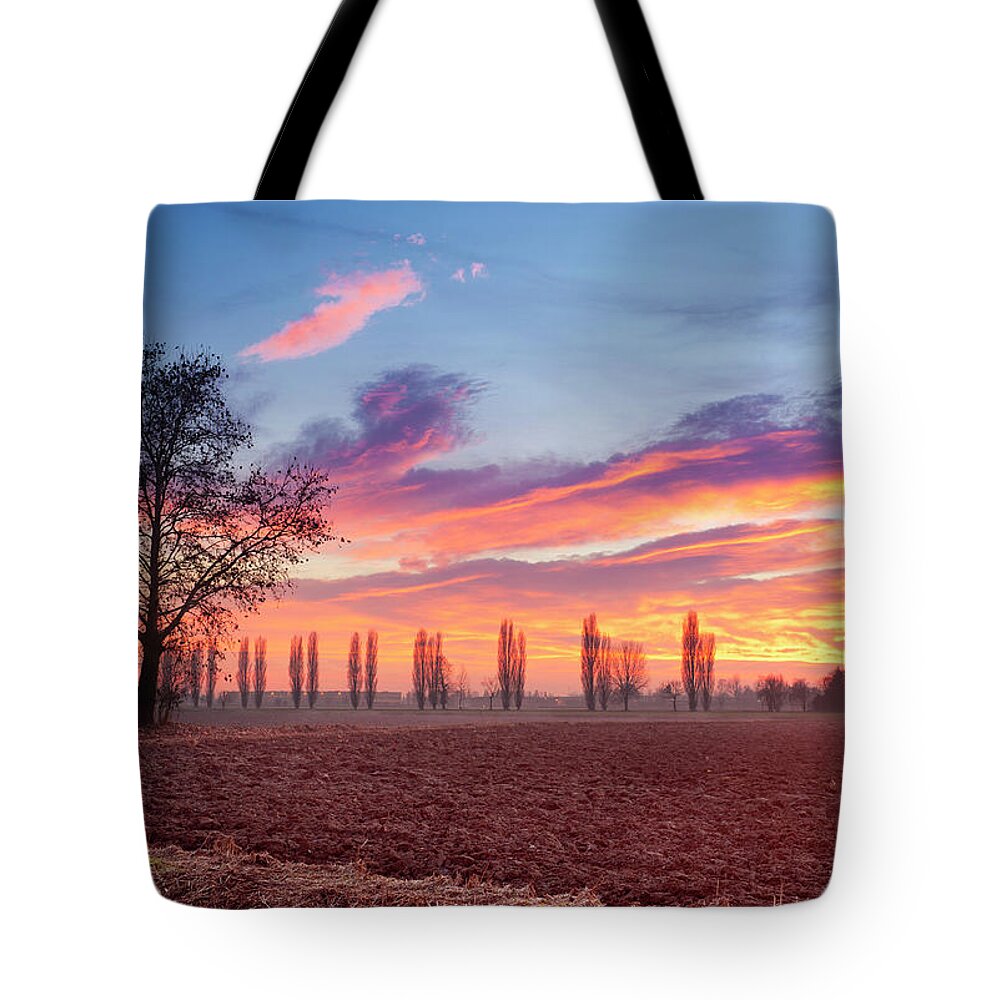 Dawn Tote Bag featuring the photograph Country Sunset In Winter, Hdr by Rinocdz