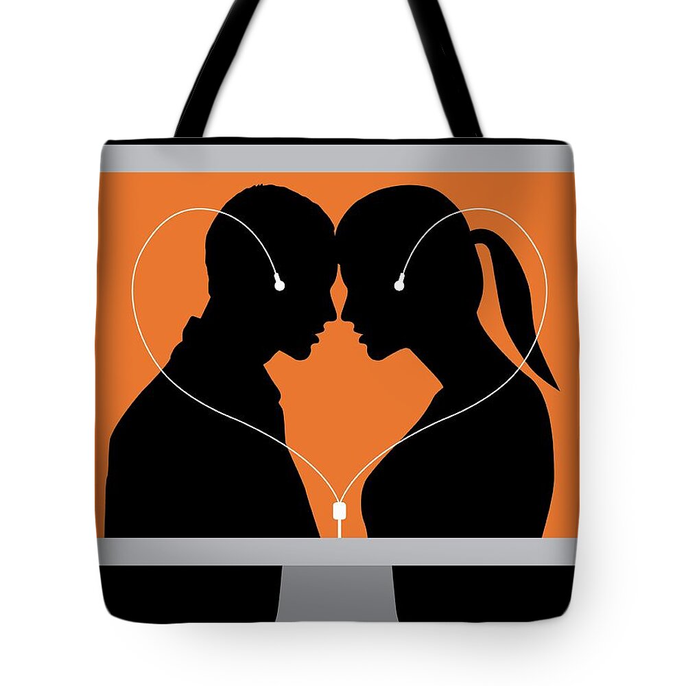 Access Tote Bag featuring the photograph Couple Connected By Computer Headphones by Ikon Images
