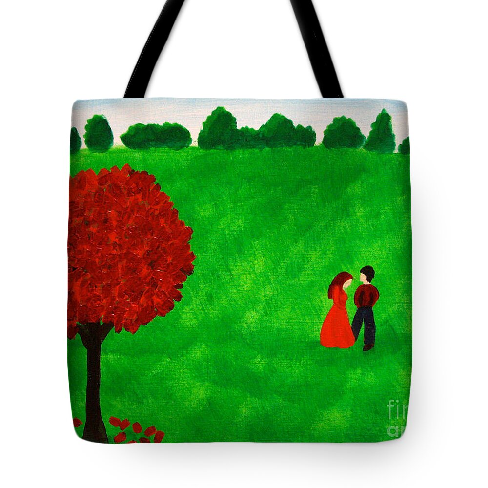 Red Tote Bag featuring the painting Courting Couple by Anita Lewis