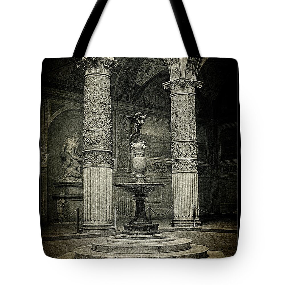 Courtyard Palazzo Becchio Tote Bag featuring the photograph Courtyard Fountain lomo by Weston Westmoreland
