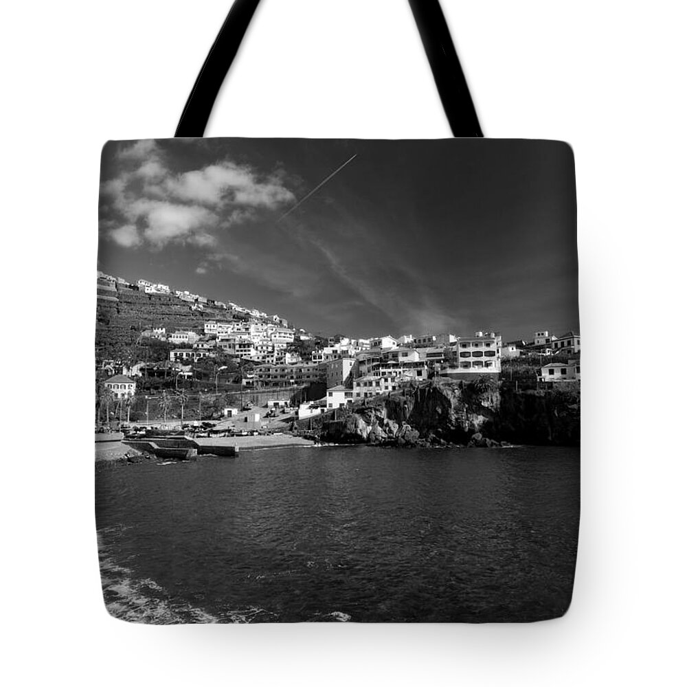 Funchal Tote Bag featuring the photograph Cove in black and white by Tracy Winter