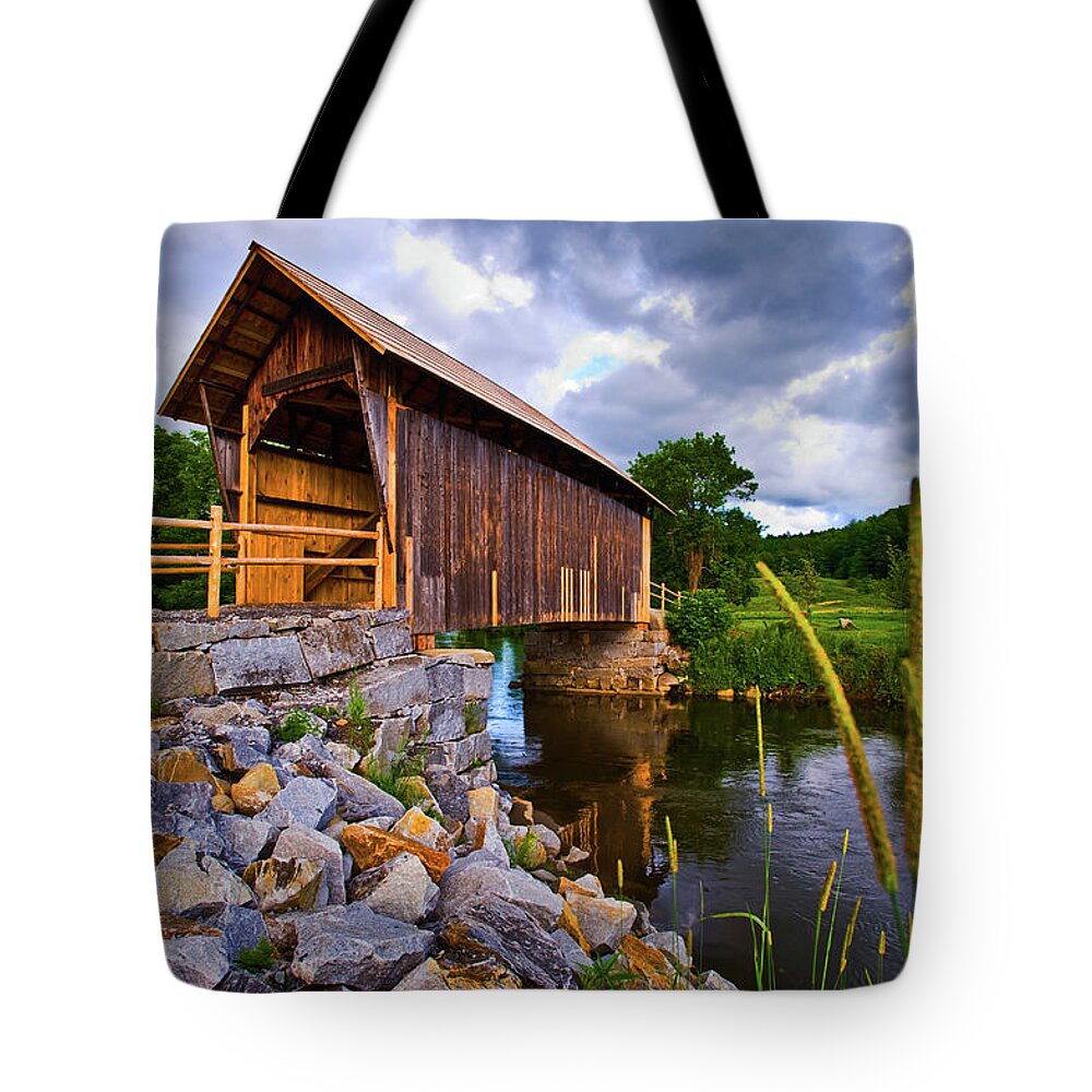 Photography Tote Bag featuring the photograph Covered Bridge On River, Vermont, Usa by Panoramic Images