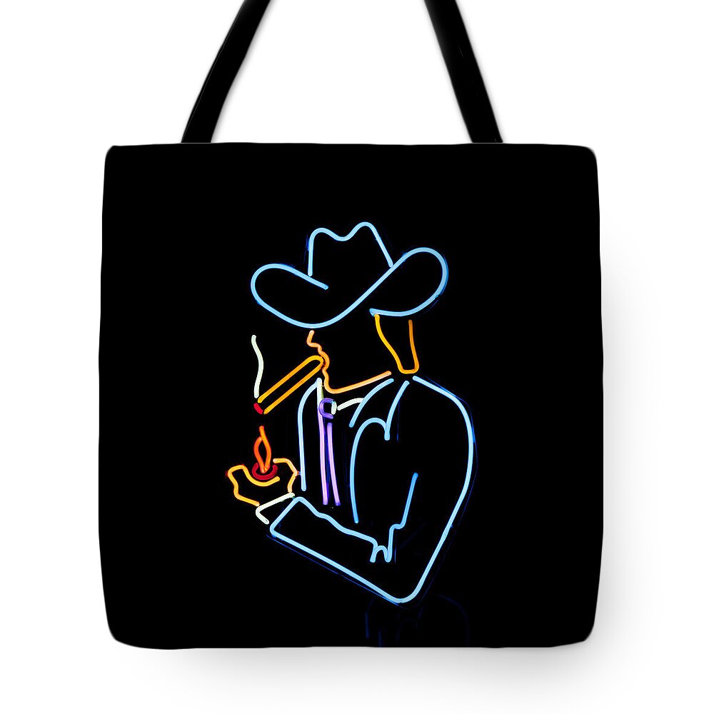 Cowboy Tote Bag featuring the photograph Cowboy in Neon by Art Block Collections