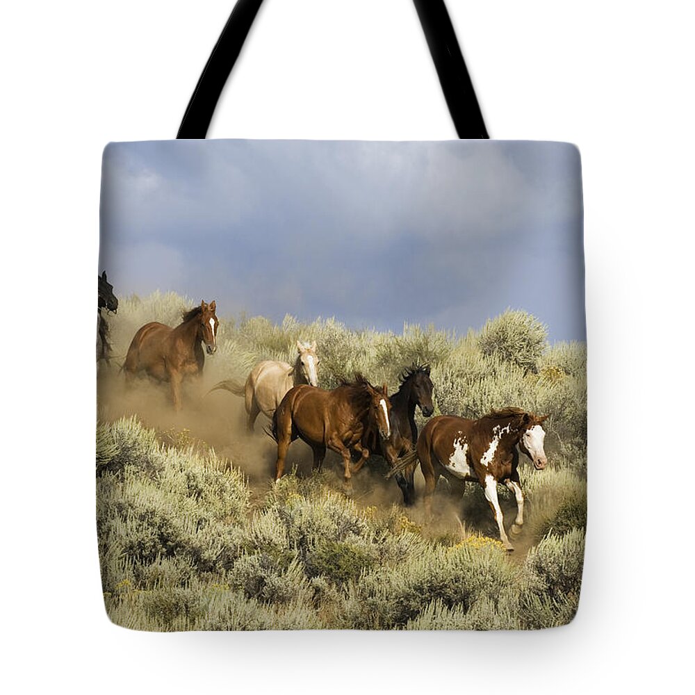 Feb0514 Tote Bag featuring the photograph Cowboys Herding Horses Through Sagebrush by Konrad Wothe