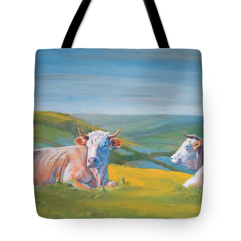 Cows Tote Bag featuring the painting Cows Lying Down Painting by Mike Jory