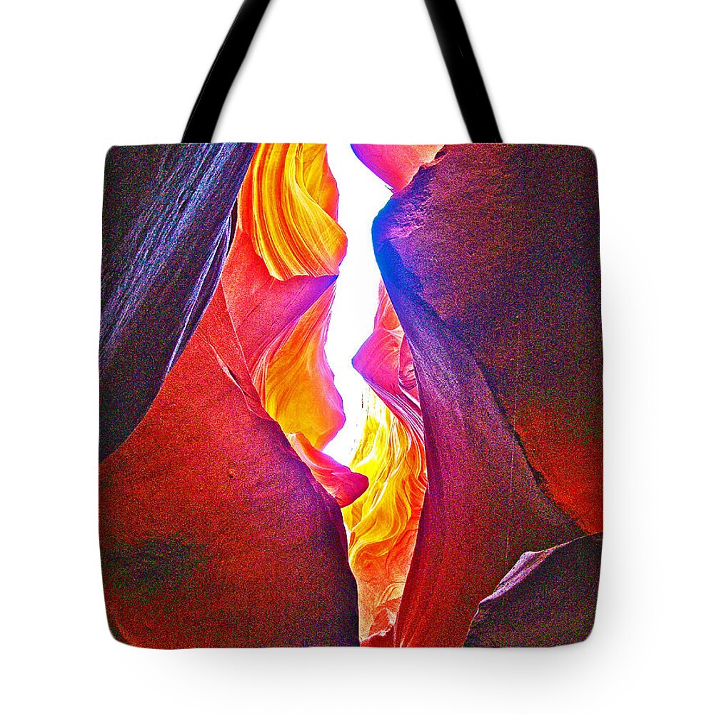 Crack Between Two Worlds In Lower Antelope Canyon In Lake Powell Navajo Tribal Park-arizona Tote Bag featuring the photograph CRACK BETWEEN TWO WORLDS in Lower Antelope Canyon in Lake Powell Navajo TribaL Park-Arizona by Ruth Hager