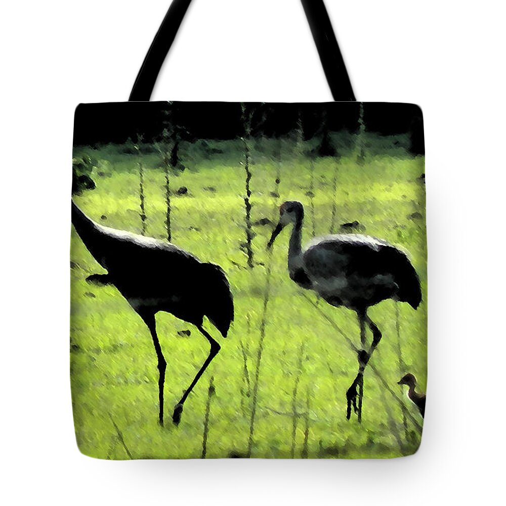Sandhill Tote Bag featuring the painting Cranes with Baby Close Behind by George Pedro