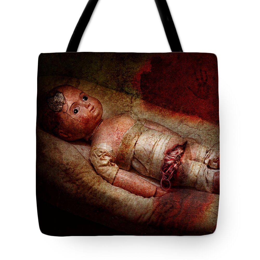 Haunted Doll Tote Bag featuring the digital art Creepy - Weird - No one ever suspected by Mike Savad