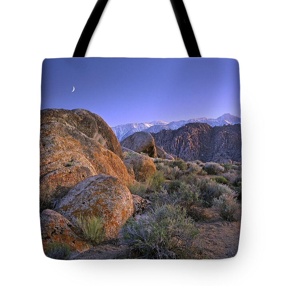 Feb0514 Tote Bag featuring the photograph Crescent Moon Rising Over Sierra Nevada by Tim Fitzharris