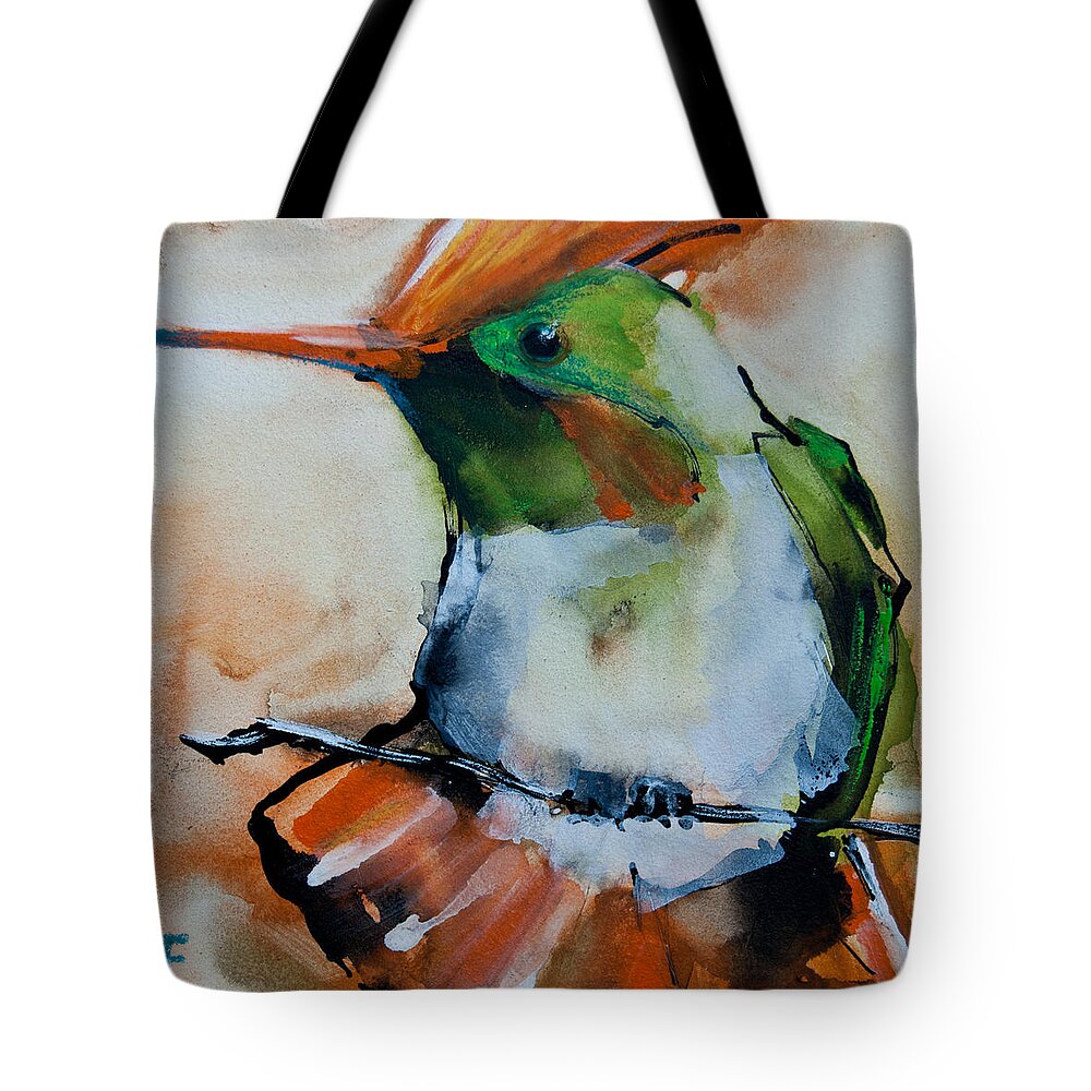 Hummingbird Tote Bag featuring the painting Crested Croquette Hummingbird by Jani Freimann