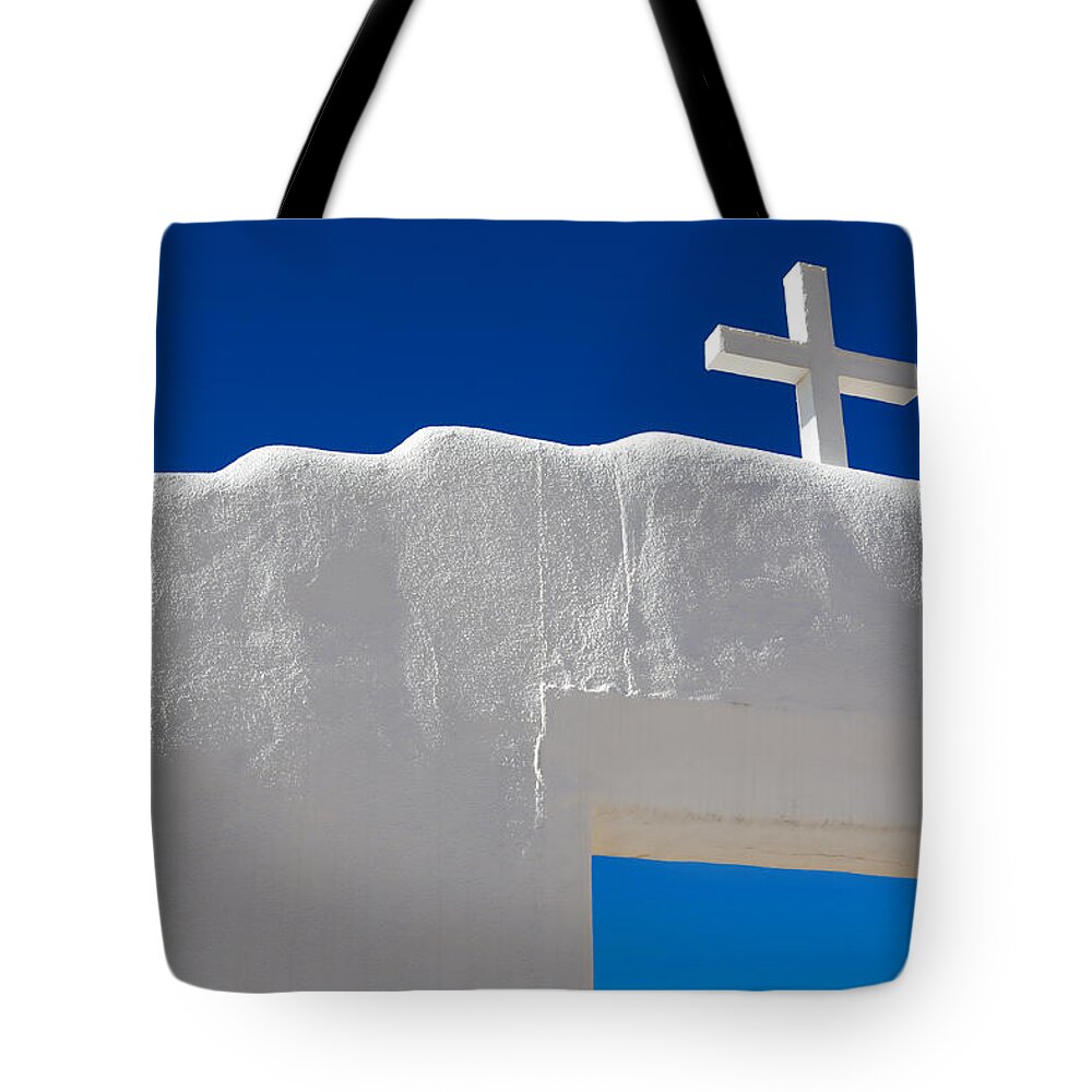 New Mexico Tote Bag featuring the photograph Cross on White Church by Marilyn Hunt