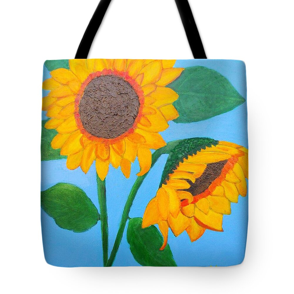 Imaginative Tote Bag featuring the painting Crossed Sunflowers by Margaret Harmon