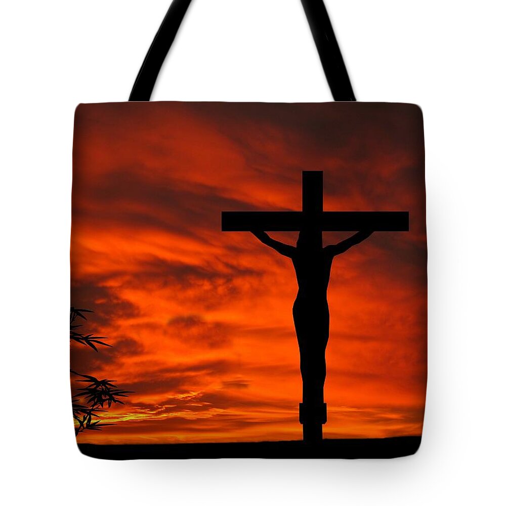Jesus Christ Tote Bag featuring the photograph Crucifixion Sunset Silhouette Series by David Dehner