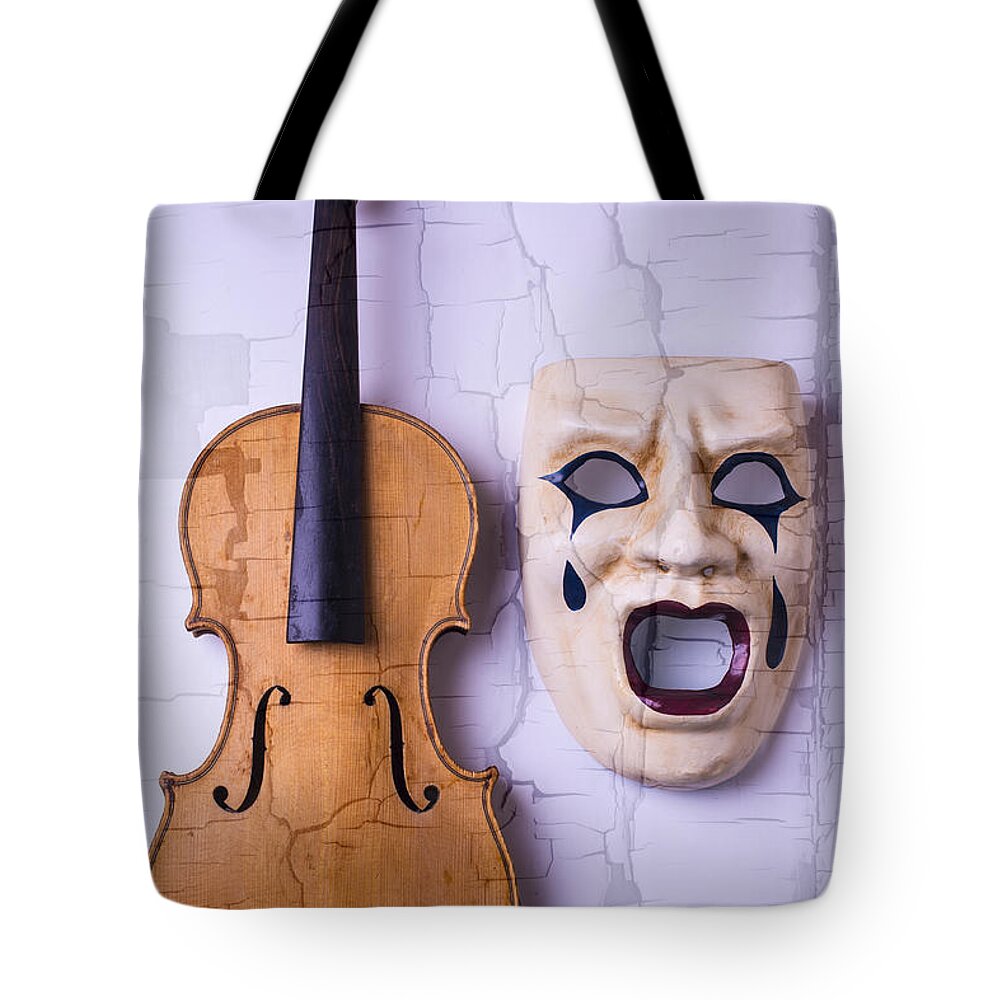 Cracked Mask Tote Bag featuring the photograph Crying Mask With Violin by Garry Gay