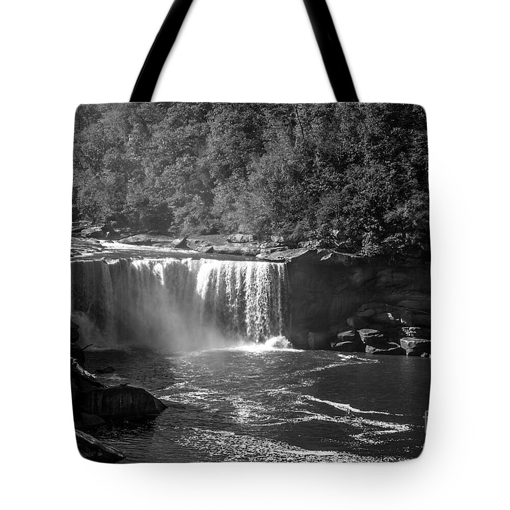 Landscape Tote Bag featuring the photograph Cumberland Falls Five BW by Ken Frischkorn
