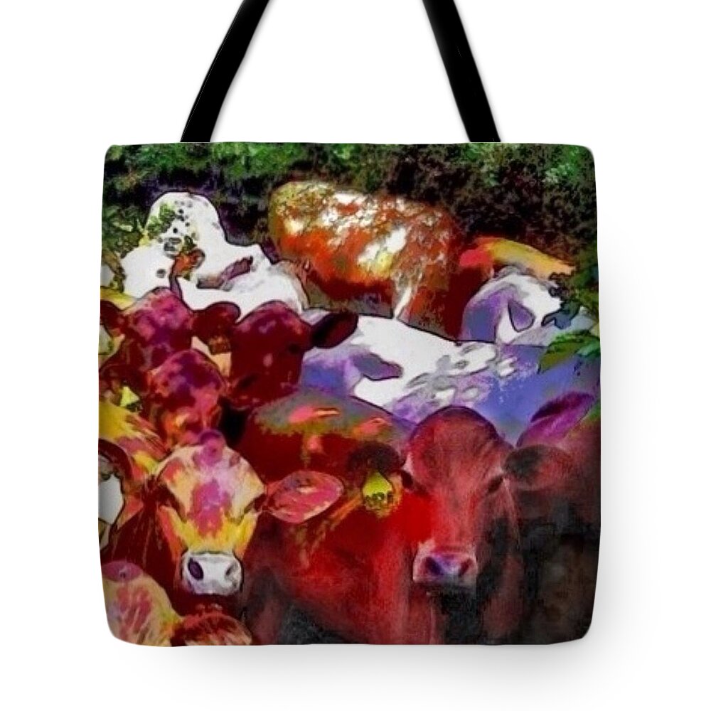 Sharkcrossing Tote Bag featuring the painting S Curious Senepol Cattle - Square by Lyn Voytershark