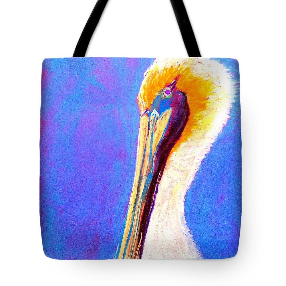 Bird Pelican Portrait Face Colorful Whimsical Quirky Decorative Colourful Bright Vibrant Pastel Soft Pastels Soft-pastels Painting Pretty Unique Style Bold Strokes Birdie Birds Birdies Heart-warming Cute White Child's-room Childs Child's Room Vivid Drawing Sketch Loose Distinctive Funny Fun Tote Bag featuring the painting Cute Pelican by Sue Jacobi