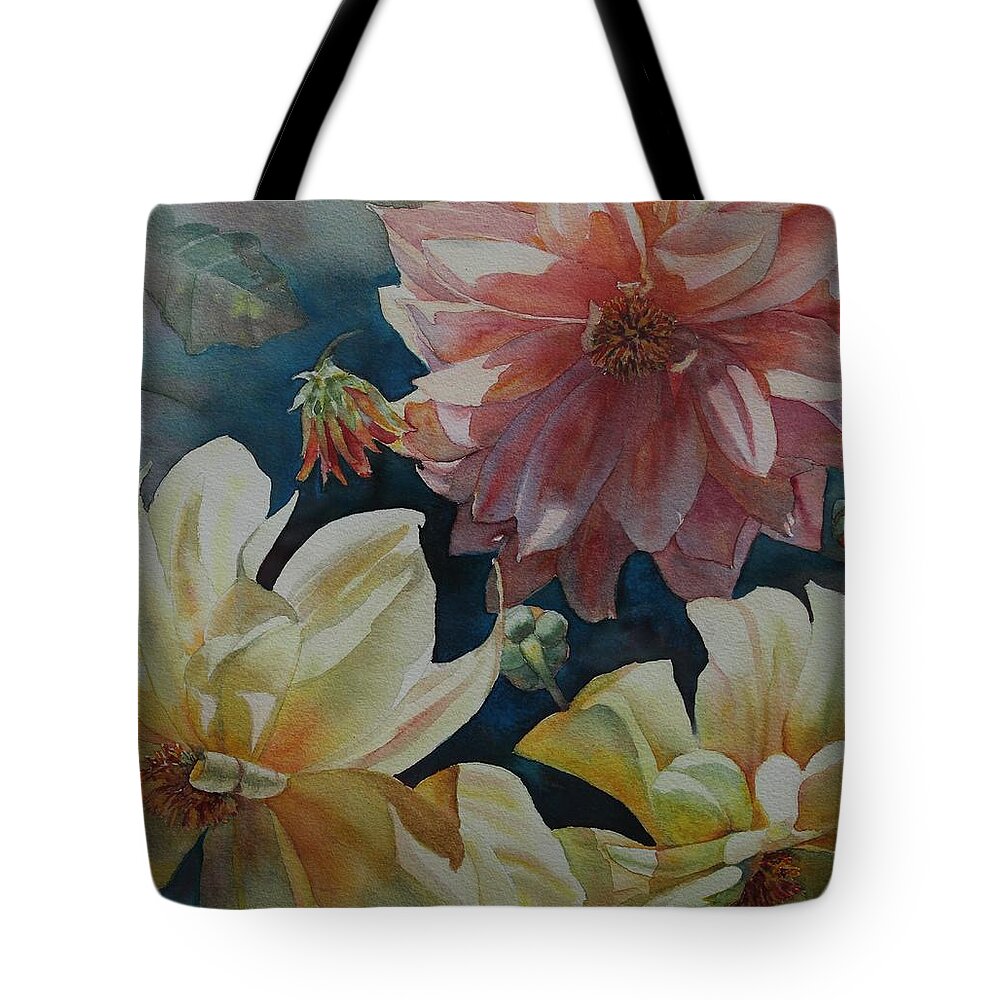 Flowers Tote Bag featuring the painting Cynthia's Dahlias by Ruth Kamenev