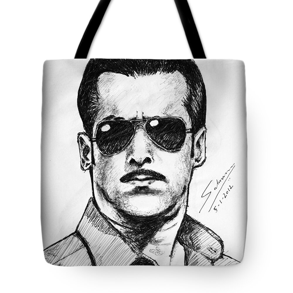 Wallpaper Buy Art Print Phone Case T-shirt Beautiful Duvet Case Pillow Tote Bags Shower Curtain Greeting Cards Mobile Phone Apple Android Nature Salman Khan Sketch Dabanng 2 Bollywood India Sketch Movies Portrait Pen Ink Paper Black White Expression Canvas Framed Art Acrylic Greeting Print Two Salman Ravish Khan Bad Ass Police Officer Tote Bag featuring the painting Salman Khan by Salman Ravish