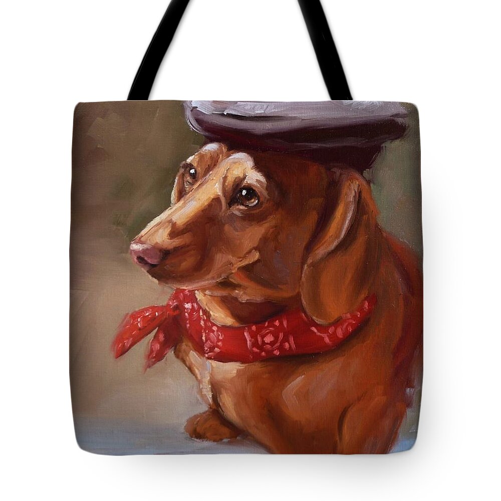 French Tote Bag featuring the painting Dachshund artist dog with French hat by Viktoria K Majestic