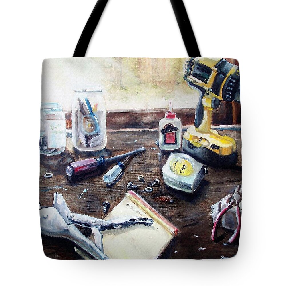 Tool Tote Bag featuring the painting Dad's Bench by Shana Rowe Jackson