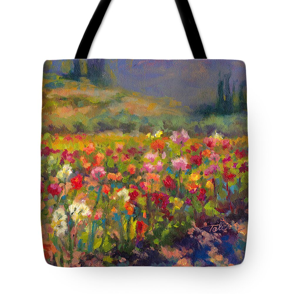 Dahlia Tote Bag featuring the painting Dahlia Row by Talya Johnson