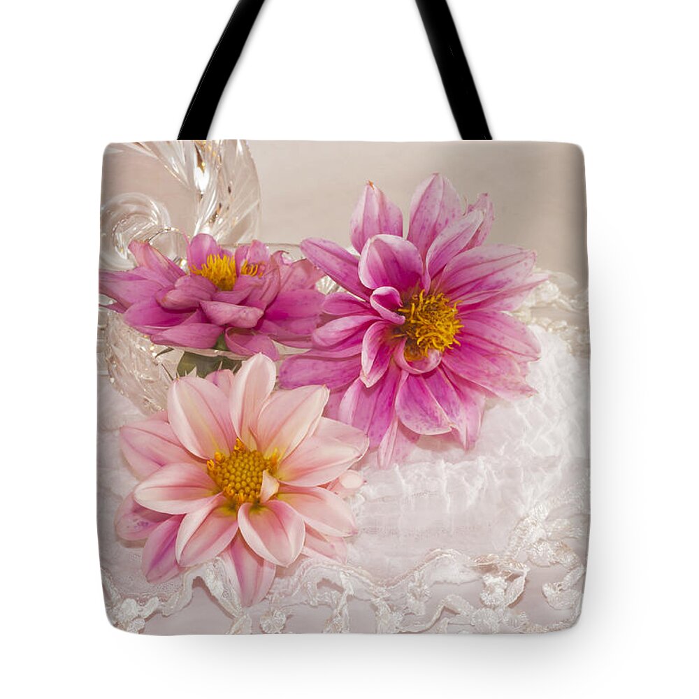 Dahlias Tote Bag featuring the photograph Dahlias And Lace by Sandra Foster