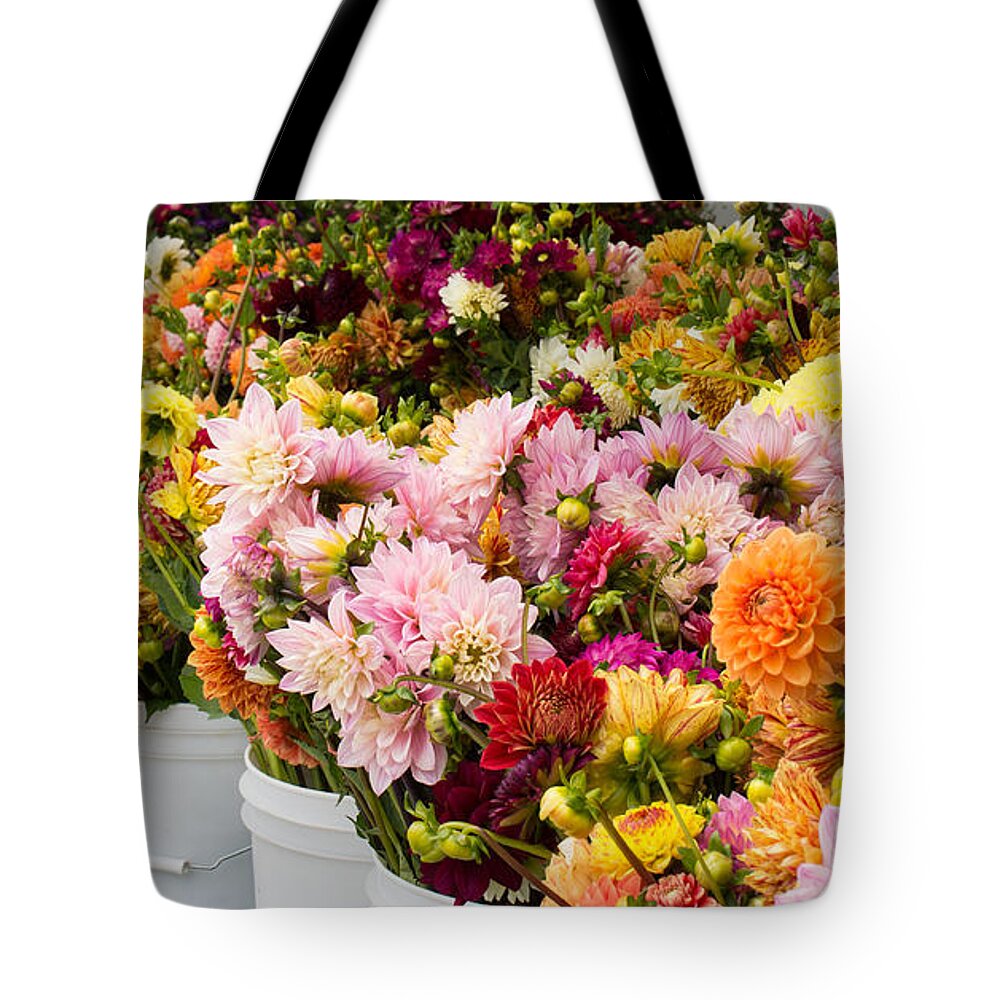 Dahlias Tote Bag featuring the photograph Dahlias of Summer by Weir Here And There