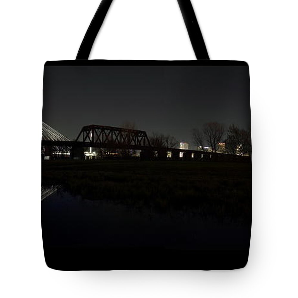 Margaret Hunt Hill Bridge Tote Bag featuring the photograph Dallas Skyline Hunt Bridge Color by Jonathan Davison