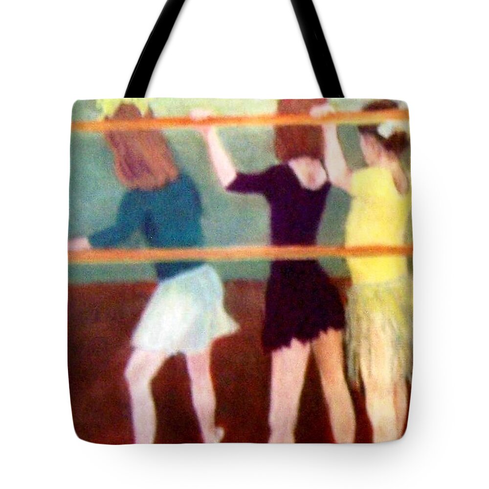 Painting Of Girls At The Barre In Ballet Class Tote Bag featuring the painting Dancing Class by Mary Lynne Powers