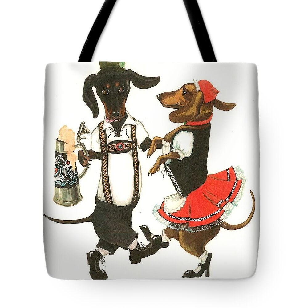 Painting Tote Bag featuring the painting Dancing Dachshunds by Margaryta Yermolayeva