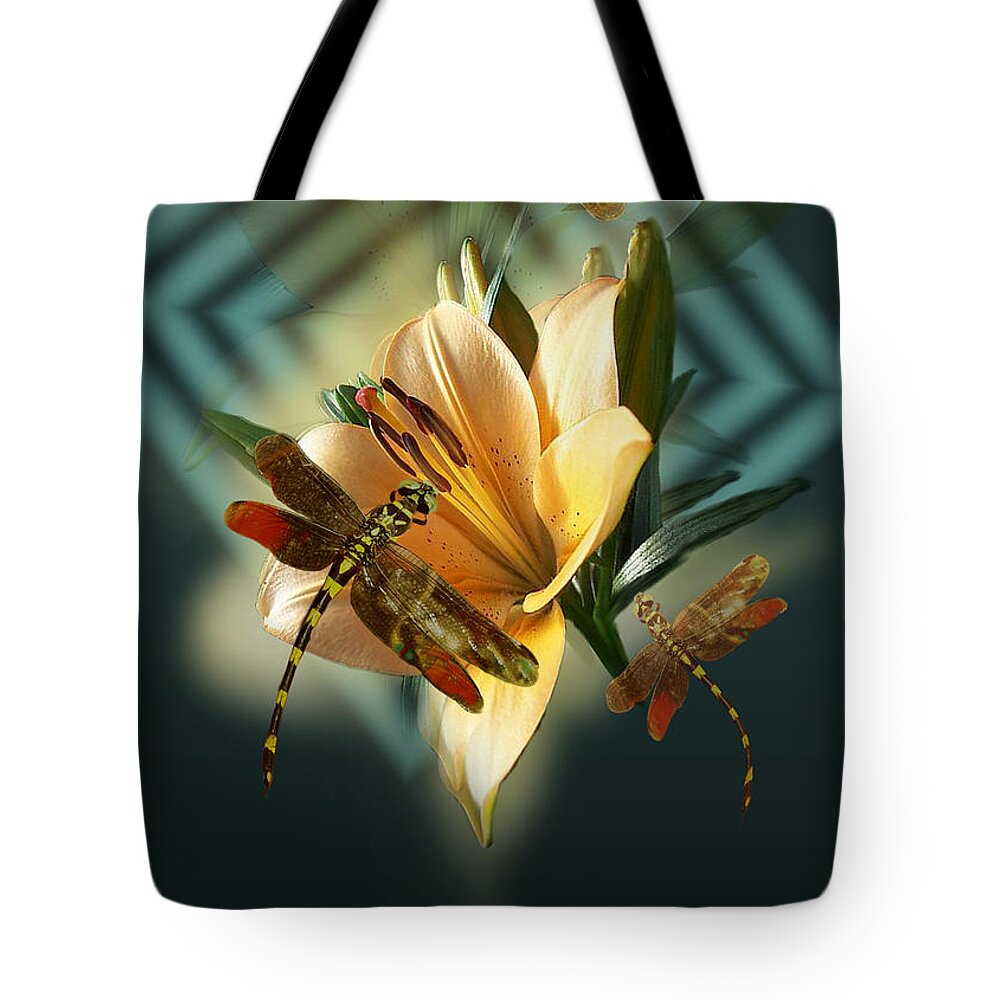Lily With Dragonflies Tote Bag featuring the painting Dancing Dragonflies by Regina Femrite