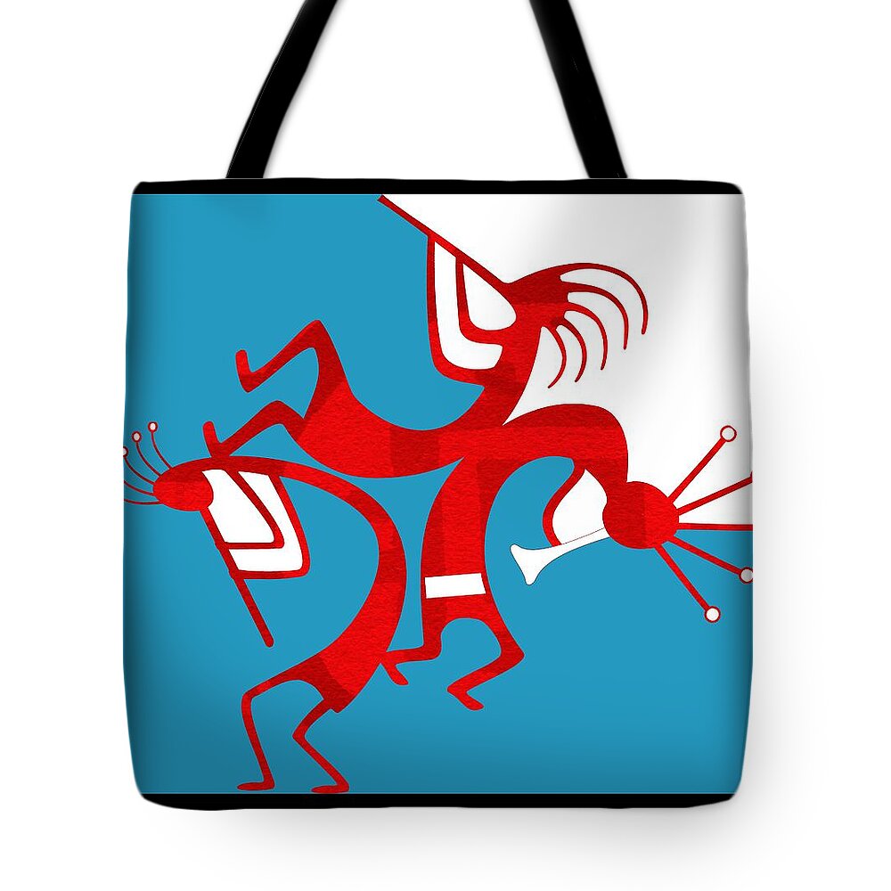Native American Tote Bag featuring the digital art Dancing Kokopellis by Shannon Story