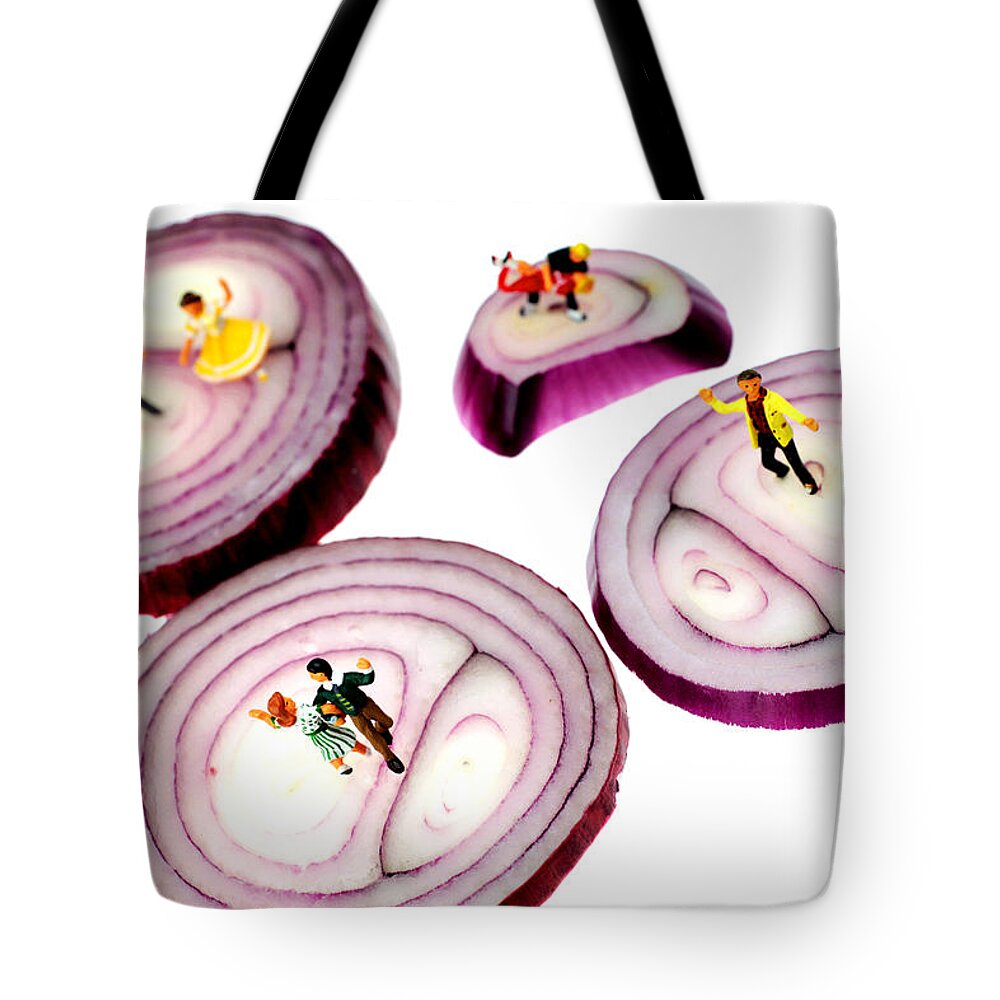 Dance Tote Bag featuring the painting Dancing on onoin slices little people on food by Paul Ge