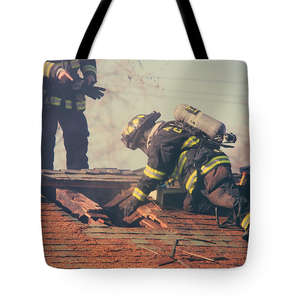 Firemen Tote Bag featuring the photograph Dangerous Work by Laurie Search