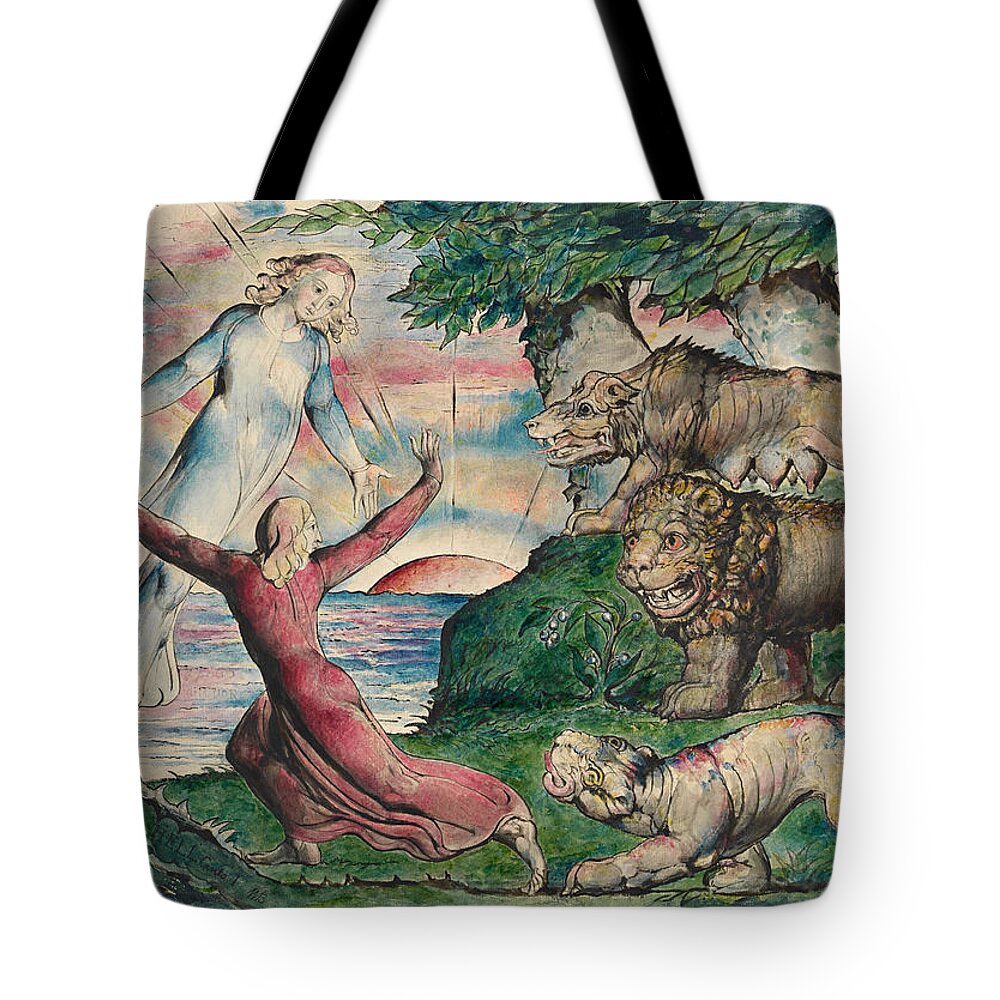 William Blake Tote Bag featuring the painting Dante running from the three beasts by William Blake