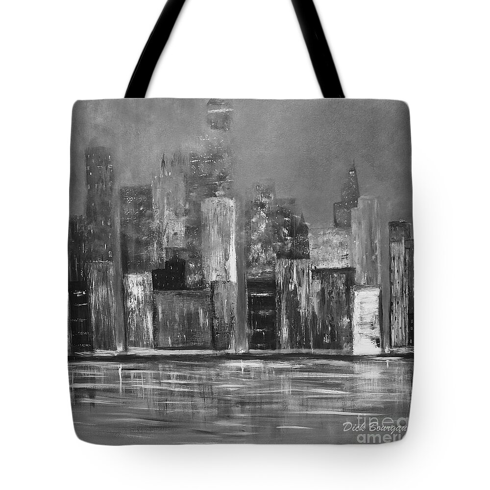 Black And White Tote Bag featuring the painting Dark Clouds Over the City by Dick Bourgault